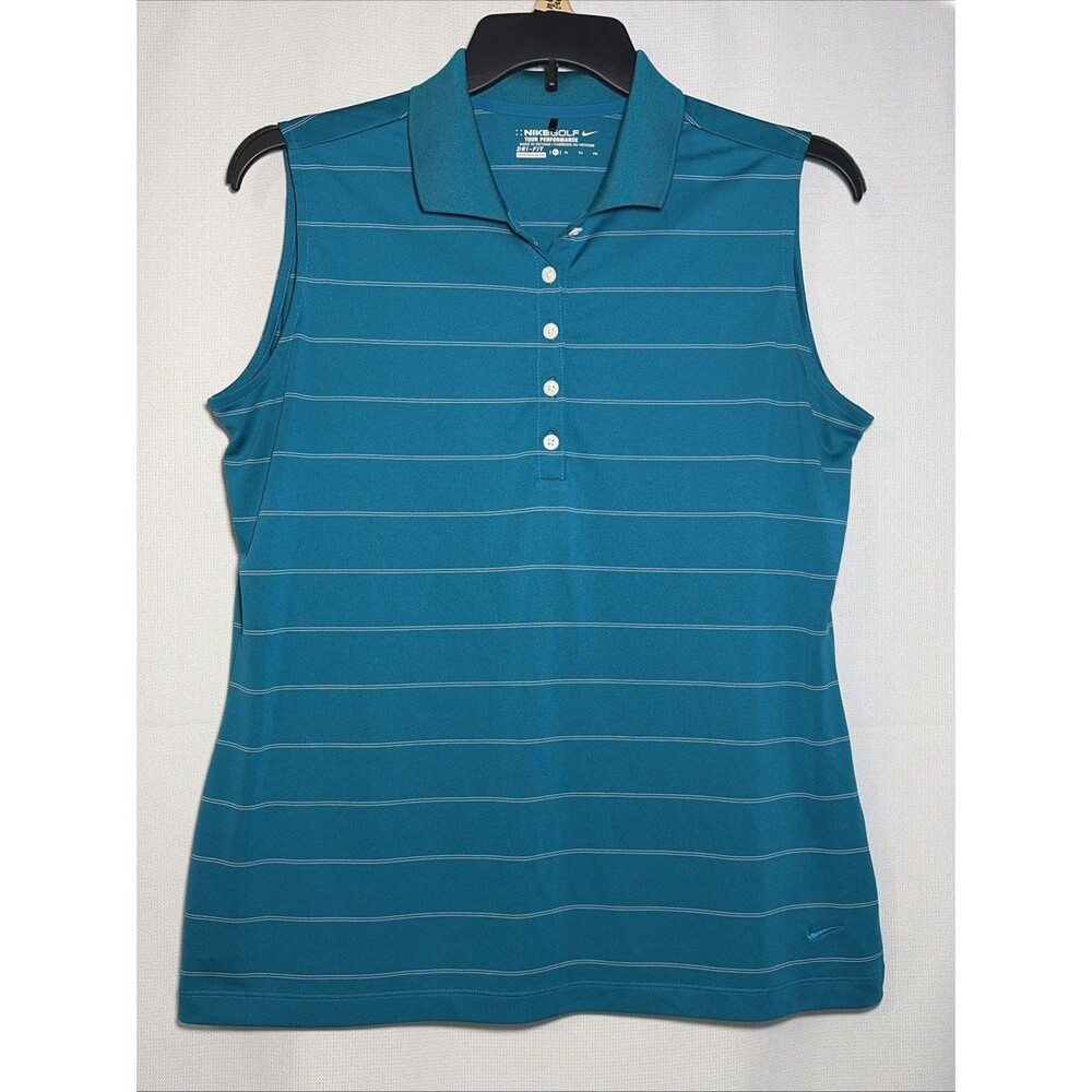 Nike Golf Polo Shirt Womens XL Teal Stripe Sleeveless Dri-Fit Lightweight